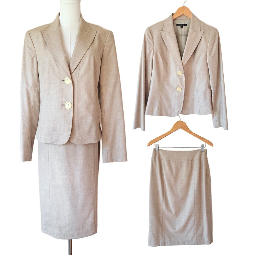 Lafayette 148 New York Beige Virgin Wool Skirt Suit Set Blazer Jacket Size 8